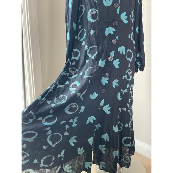 Vintage Carole Little Womens 10 Black Teal Long Sleeve Button Up Midi Dress - Picture 7 of 11